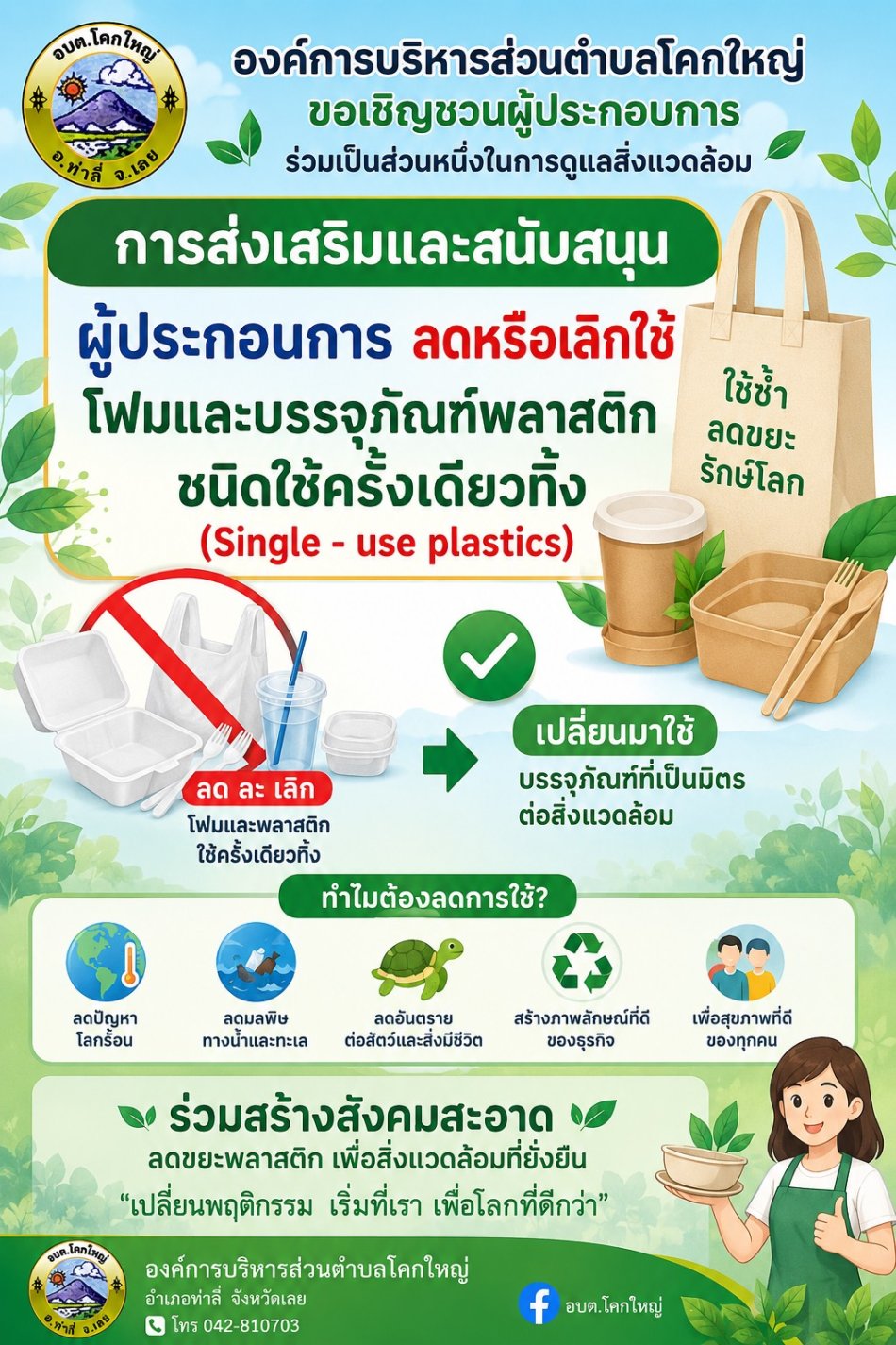 ประชาสัมพันธ์การส่งเสริมและสนับสนุนผู้ประกอบการในพื้นที่ในการส่งเสริมและสนับสนุนผู้ประกอบการลดหรือเลิกใช้โฟมและบรรจุภัณฑ์พลาสติกชนิดใช้ครั้งเดียวทิ้ง (Single – use plastics)